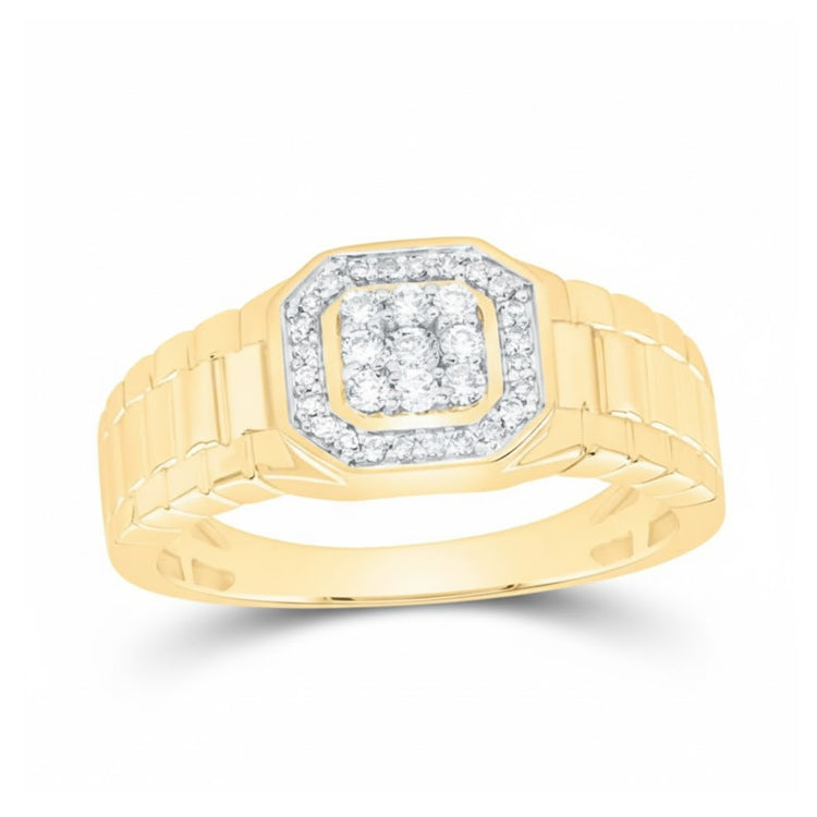 The 1/4CTW Natural Diamond Men’s Ring in 10k Gold features a square setting with clustered center diamonds, a diamond-studded border, and a sleek, segmented band design.
