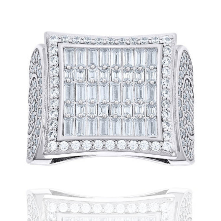 The 2.14ct Baguette Moissanite Square Head Fashion Ring showcases a wide sterling silver band with a square head set with rows of baguette moissanites, bordered by smaller round stones and extra side accents for standout style.