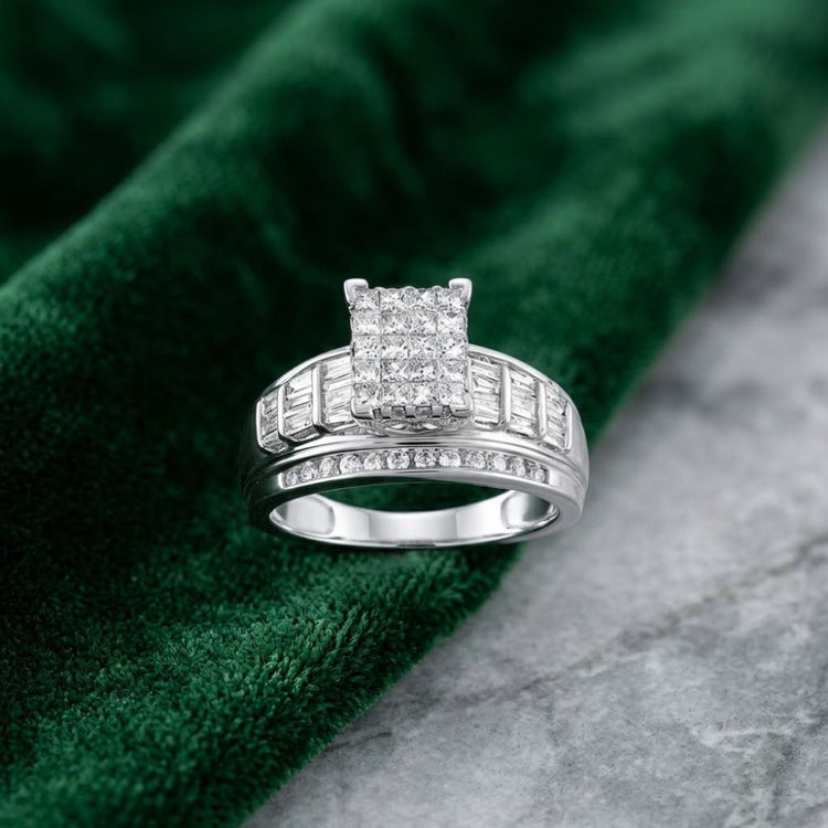 Discover the 10k Gold Princess Diamond Bridal Engagement Ring 1 Cttw, beautifully crafted in 10k gold with a striking square princess diamond cluster and sparkling diamond accents along the band, elegantly displayed on green velvet fabric and a gray marble surface.