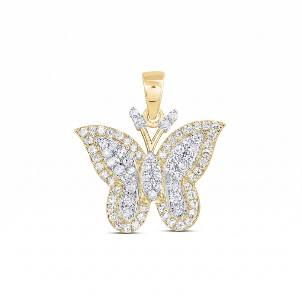 The 1/2 CTW Natural Diamond Butterfly Pendant in 10K gold features sparkling natural diamonds and fine detailing, with a polished gold bail for easy attachment to a chain, shown on a white background.