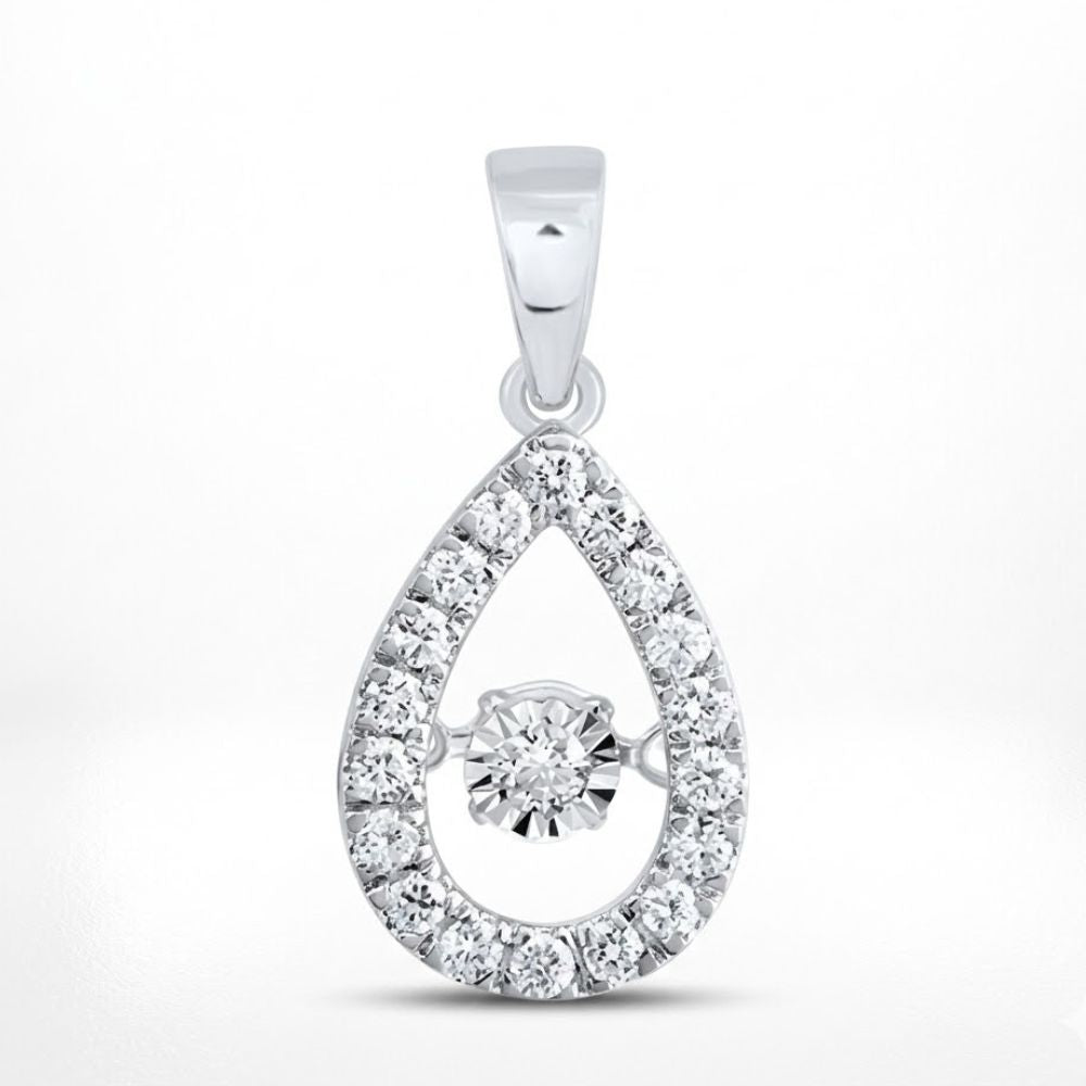 The 10K Gold Diamond Teardrop Pendant 1/3 CTW features a teardrop design with a central round diamond and a halo of smaller diamonds set in white metal, offering dazzling sparkle with every movement.