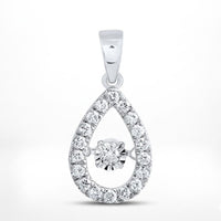 The 10K Gold Diamond Teardrop Pendant 1/3 CTW features a teardrop design with a central round diamond and a halo of smaller diamonds set in white metal, offering dazzling sparkle with every movement.