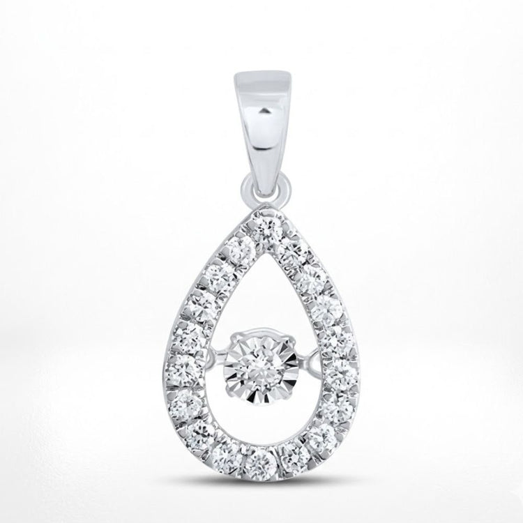 The 10K Gold Diamond Teardrop Pendant 1/3 CTW features a teardrop design with a central round diamond and a halo of smaller diamonds set in white metal, offering dazzling sparkle with every movement.