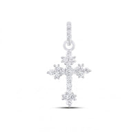 The 1/6CTW Diamond Cross Pendant in 14K yellow and white gold showcases clusters of natural diamonds and a diamond-encrusted bail, presented against a plain white background.
