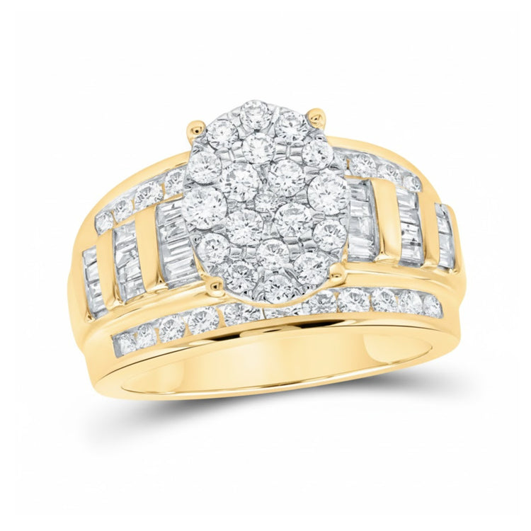 The 10k Yellow Gold Diamond Bridal Engagement Ring features a large oval cluster of round diamonds at the center, accented by rows of rectangular and round diamonds along the wide band.