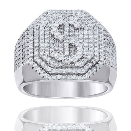 The Moissanite Octagon Head Dollar Sign Currency Ring features a raised dollar sign on the front, encrusted with sparkling moissanites for a luxurious look.