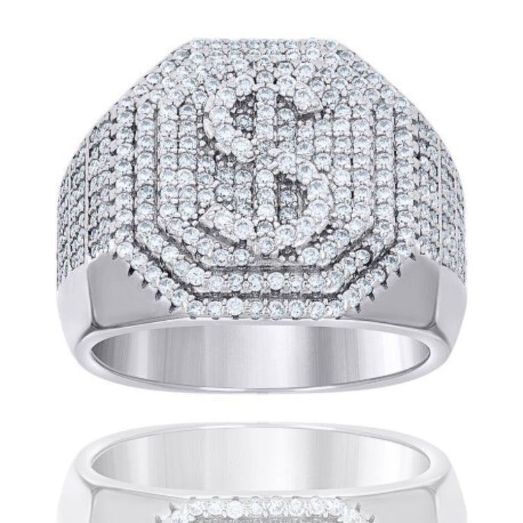 The Moissanite Octagon Head Dollar Sign Currency Ring features a raised dollar sign on the front, encrusted with sparkling moissanites for a luxurious look.