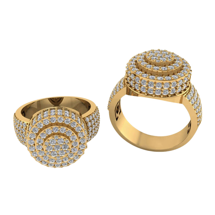 The Layered Round Diamond Ring – 2.33 CT Gold Design features multiple rows of sparkling diamonds set in concentric circles, shown from angled and top views on a white background—an elegant men’s gold ring.