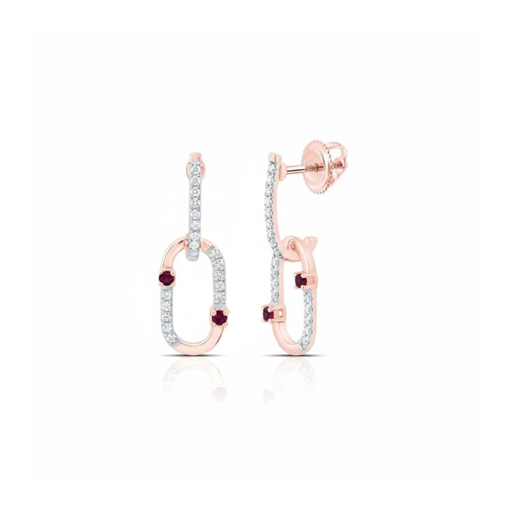 The 1/6CTW Diamond Paper Clip Earrings in 14k gold feature interlocking links adorned with white diamonds and red gemstones. Screw-back closures provide added security, offering a modern, minimalist twist on classic earrings.