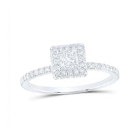 The 3/4CTW Diamond Halo Engagement Ring in 14k gold features a square center diamond with a halo of smaller diamonds and additional diamonds on the slender band.