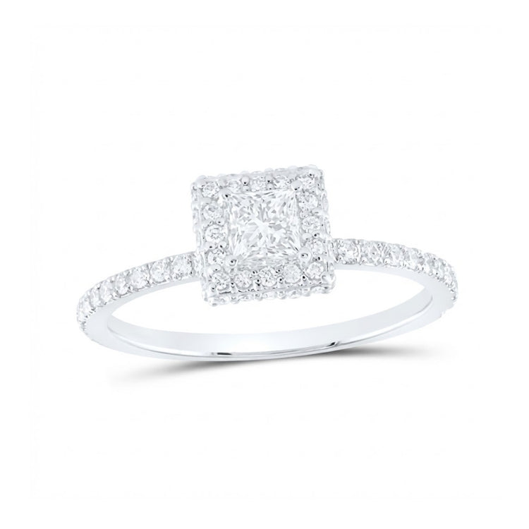 The 3/4CTW Diamond Halo Engagement Ring in 14k gold features a square center diamond with a halo of smaller diamonds and additional diamonds on the slender band.