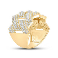 The 10k Two-Tone Gold Round Diamond Band 1-3/8 Cttw features a bold, polished band with an intricate geometric lattice adorned with rows of sparkling round diamonds—a striking choice for a wedding band or statement piece.