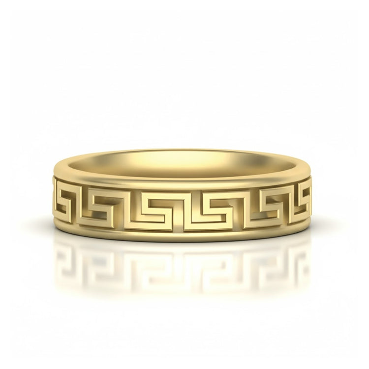 The 14k Gold Men's Greek Key Band Ring showcases a classic Greek key design, offering an elegant and timeless gold ring for men inspired by ancient tradition.