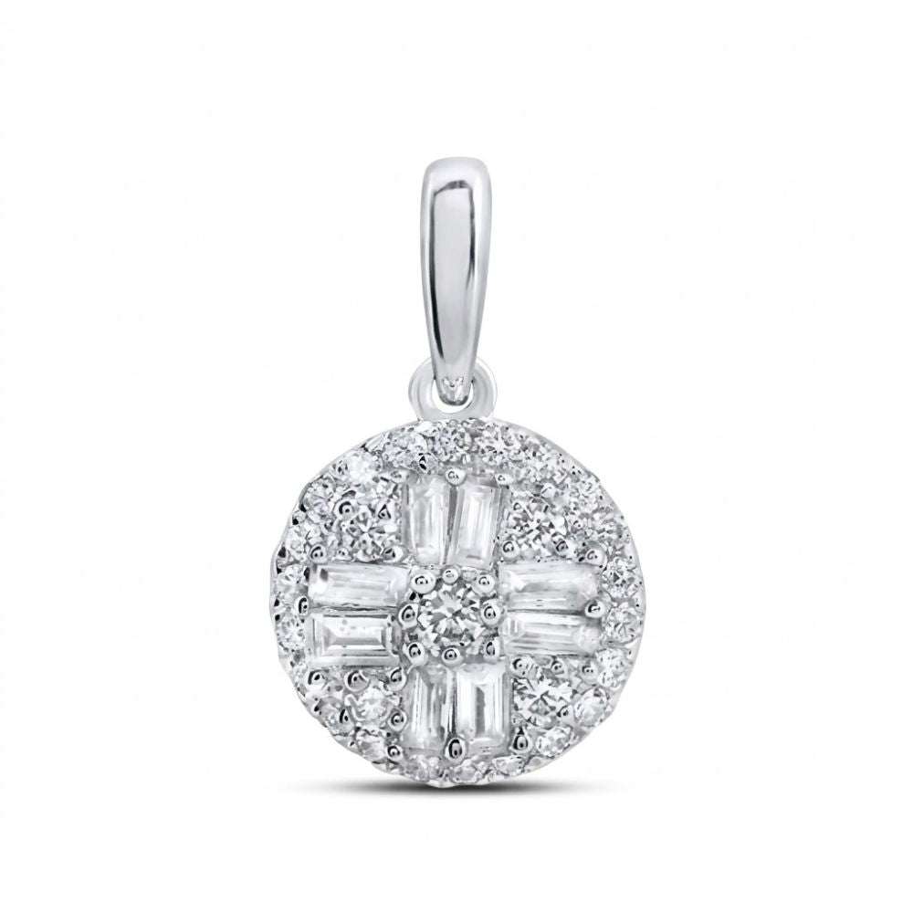 The 1/3 Cttw Diamond Round Baguette Pendant in 10K Gold features a cluster of sparkling baguette and round diamonds in a geometric pattern with a polished bail, displayed against a white background.