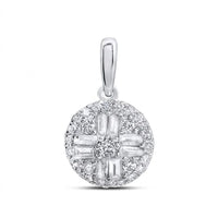 The 1/3 Cttw Diamond Round Baguette Pendant in 10K Gold features a cluster of sparkling baguette and round diamonds in a geometric pattern with a polished bail, displayed against a white background.