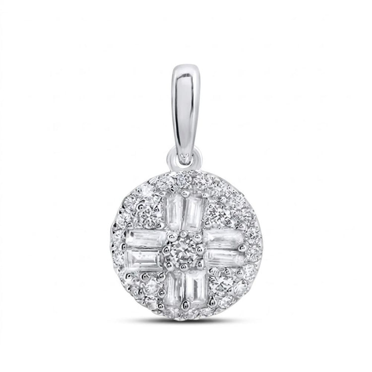 The 1/3 Cttw Diamond Round Baguette Pendant in 10K Gold features a cluster of sparkling baguette and round diamonds in a geometric pattern with a polished bail, displayed against a white background.