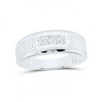 The 10K Men’s Diamond Ring 1/6 CTW Natural features a silver channel set band with a rectangular panel showcasing three round diamonds, accented by textured, grid-like details on each side.