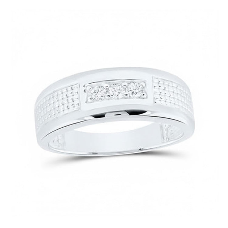 The 10K Men’s Diamond Ring 1/6 CTW Natural features a silver channel set band with a rectangular panel showcasing three round diamonds, accented by textured, grid-like details on each side.