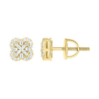 A pair of Silver Yellow Moissanite Clover Stud Earrings featuring a floral clover design, shown from the front and side with a secure screw-back closure—ideal for those who appreciate elegant stud earrings.