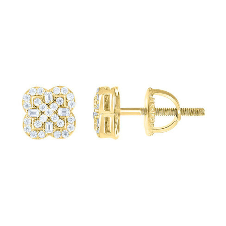 A pair of Silver Yellow Moissanite Clover Stud Earrings featuring a floral clover design, shown from the front and side with a secure screw-back closure—ideal for those who appreciate elegant stud earrings.