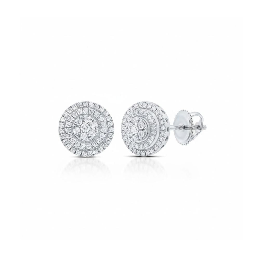The 1/2 CTW Natural Diamond Round Stud Earrings feature concentric circles of small diamonds in white metal, shown with one earring facing forward and the other displaying the screw-back closure—ideal natural diamond studs.