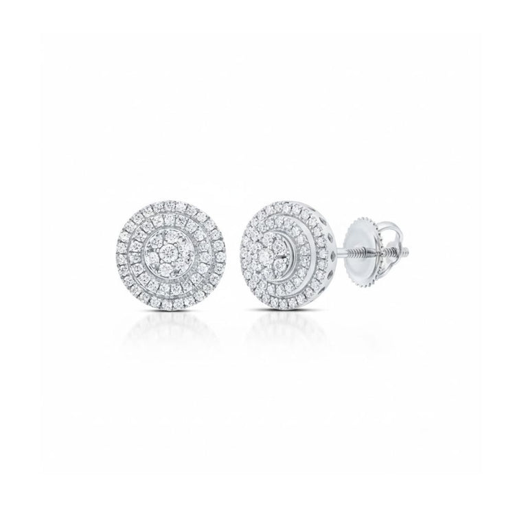 The 1/2 CTW Natural Diamond Round Stud Earrings feature concentric circles of small diamonds in white metal, shown with one earring facing forward and the other displaying the screw-back closure—ideal natural diamond studs.