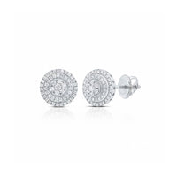 The 1/2 CTW Natural Diamond Round Stud Earrings feature concentric circles of small diamonds in white metal, shown with one earring facing forward and the other displaying the screw-back closure—ideal natural diamond studs.