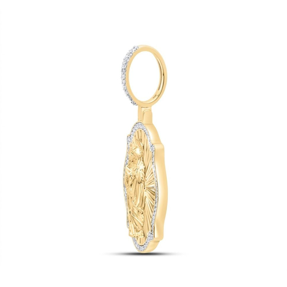Side view of the Diamond Virgin Prayer Charm 3/8CT in 10K yellow gold, featuring an embossed figure and bordered by sparkling diamonds, displayed on a white background—an elegant men’s religious pendant.