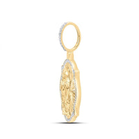 Side view of the Diamond Virgin Prayer Charm 3/8CT in 10K yellow gold, featuring an embossed figure and bordered by sparkling diamonds, displayed on a white background—an elegant men’s religious pendant.