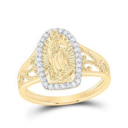 The 1/5CTW 14k Gold Virgin Mary Ladies Ring features her engraved image, clear gemstones, and an ornate filigree band—an elegant and timeless accessory.
