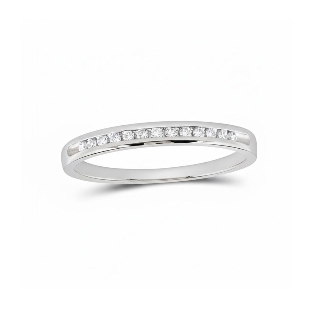 A slim 14k gold diamond wedding band (1/10 cttw) featuring a single row of small, round white diamonds set along the top. Photographed against a plain white background.