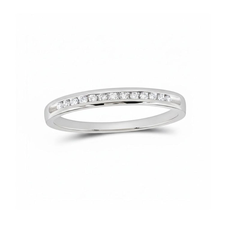 A slim 14k gold diamond wedding band (1/10 cttw) featuring a single row of small, round white diamonds set along the top. Photographed against a plain white background.