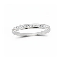 A slim 14k gold diamond wedding band (1/10 cttw) featuring a single row of small, round white diamonds set along the top. Photographed against a plain white background.