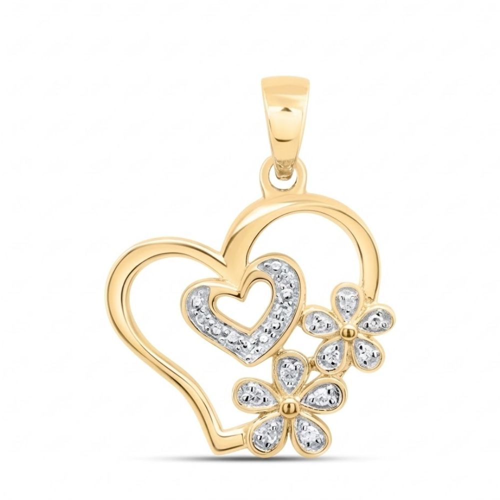 The Diamond Flower Heart Pendant 1/20 CTW 10K Gold features an open heart design with a smaller heart, diamond accents, and two diamond-accented flowers for a sparkling and elegant look.
