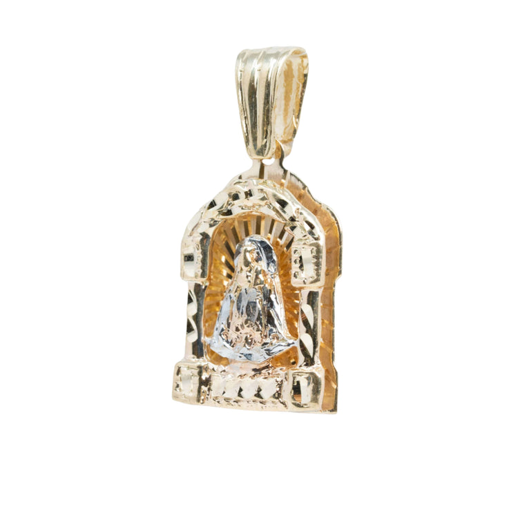The Lady Charity Caridad Del Cobre Pendant is a 10k solid gold men’s pendant featuring an engraved Virgin Mary under an arch, with intricate detailing and a polished finish.