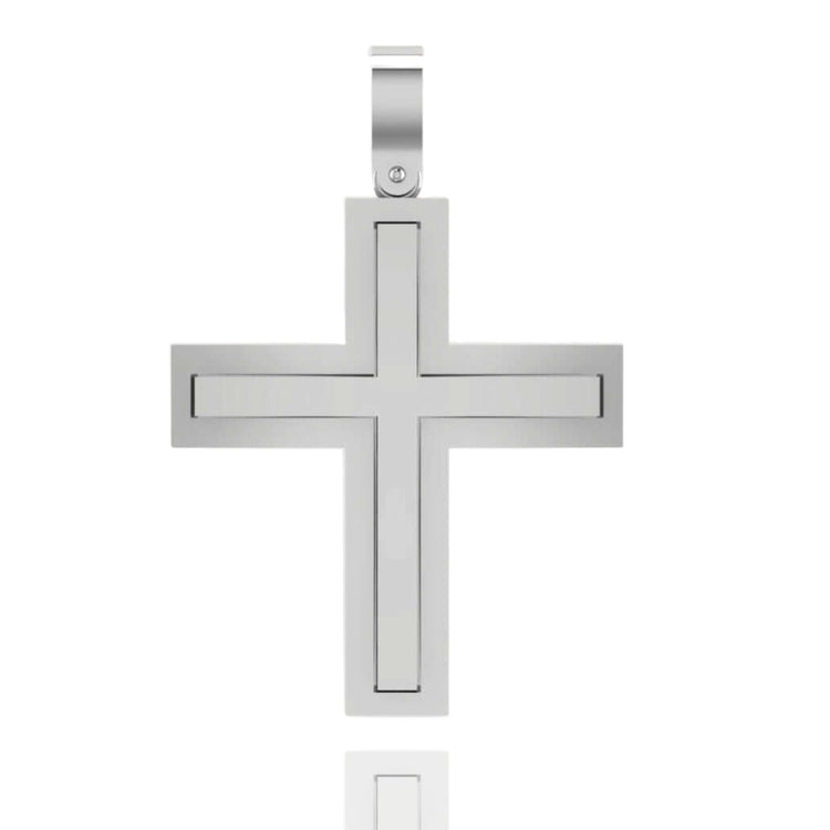 A 14k gold sleek rectangular cross pendant with a clip, featuring a minimalist design.