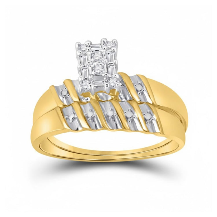 The 10k Yellow Gold Diamond Cluster Wedding Ring Set features diagonal silver accents and a rectangular diamond cluster centerpiece, shown on a white background.