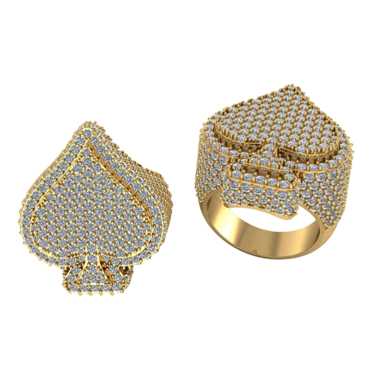 Two Ace of Spades Diamond Rings – 6.08 CT Pavé Elegance, each featuring numerous sparkling lab-grown diamonds, are displayed side by side against a white background.