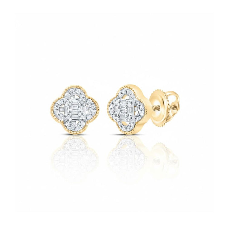 10k Gold Diamond Clover Baguette Earrings 1/5 CTW, featuring a sparkling clover design set with baguette diamonds and secure screw-back closures, shown on a white background.