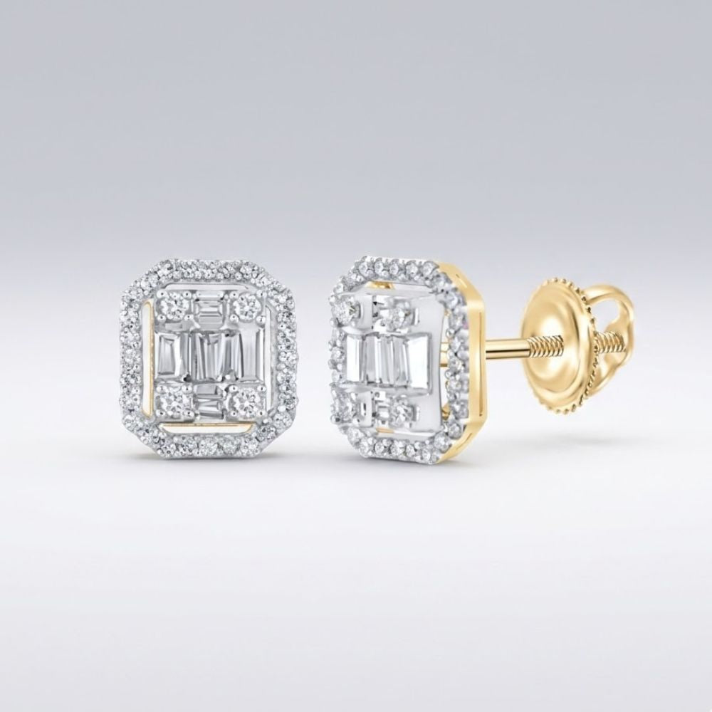 The 10k Gold Baguette Diamond Cluster Earrings 1/2 Cttw feature baguette and round diamonds in a cluster with a diamond halo, set in yellow gold and finished with secure screw-back closures.