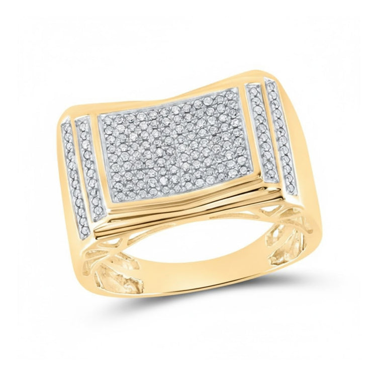 The 10K Yellow Gold Diamond Cluster Ring 1/2 Cttw features a rectangular face with multiple rows of closely set round diamonds and openwork detailing on the band for a modern, geometric look.