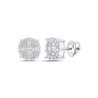 The 10k Gold Baguette Diamond Cluster Earrings (5/8 CTTW) feature a round halo design with baguette and round diamonds set in classic gold, shown from front and side views.