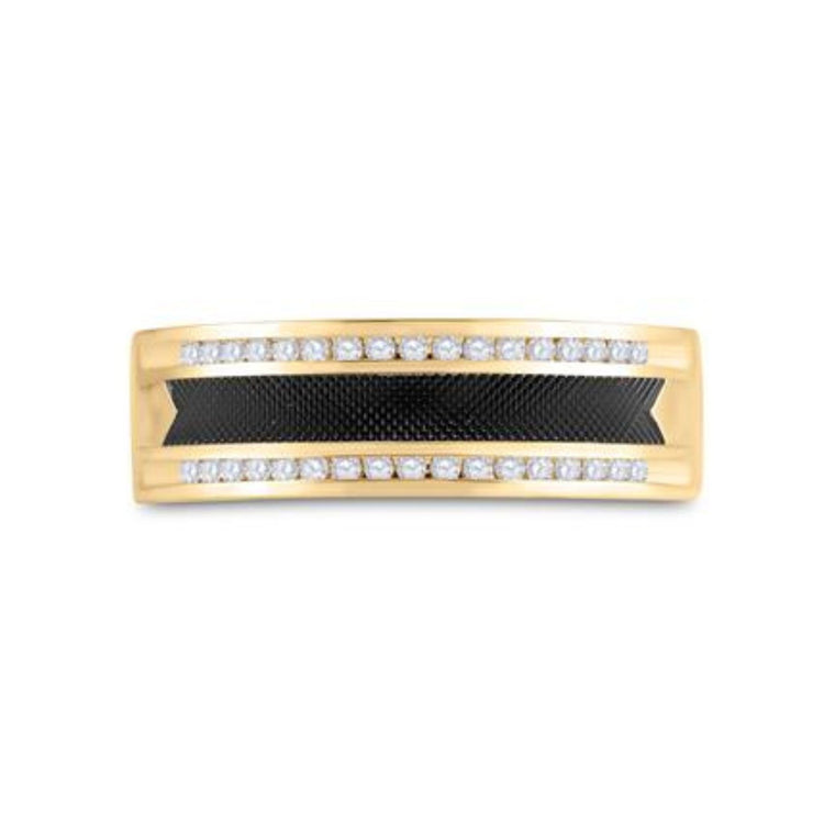 The 14k Yellow Gold Black Tone Diamond Wedding Band 1/4 Cttw showcases a black textured center stripe bordered by sparkling round diamonds, creating a bold and elegant rectangular design in striking yellow gold.