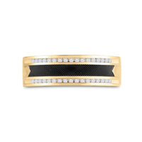 The 14k Yellow Gold Black Tone Diamond Wedding Band 1/4 Cttw showcases a black textured center stripe bordered by sparkling round diamonds, creating a bold and elegant rectangular design in striking yellow gold.