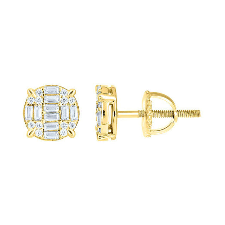 Yellow-Tone 925 Silver Round Baguette Moissanite Stud Earrings, shown front and side, feature a secure screw-back closure and a square arrangement of baguette and round-cut stones.