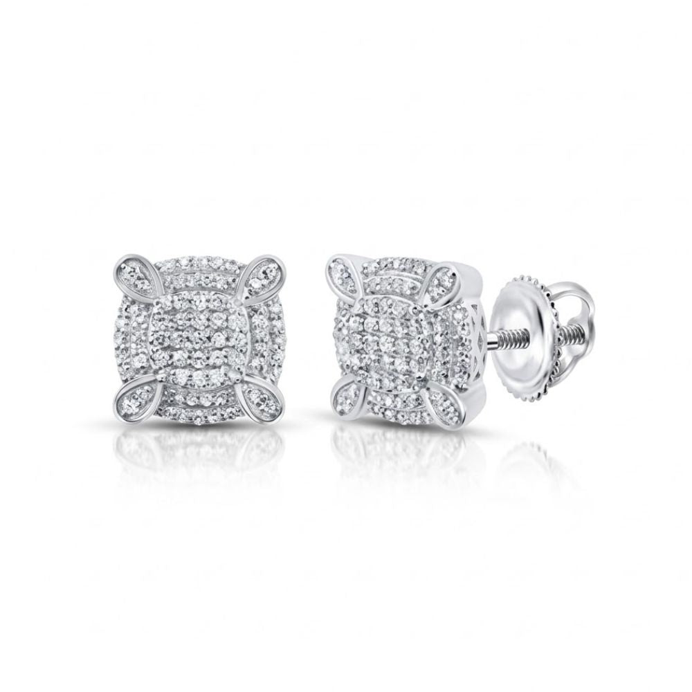 The 10k Gold Cushion Men’s Diamond Earring 5/8 CTTW features square-shaped studs with multiple small diamonds in prong settings, crafted in 10k gold and shown with screw-back posts against a white background.