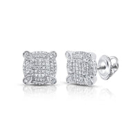 The 10k Gold Cushion Men’s Diamond Earring 5/8 CTTW features square-shaped studs with multiple small diamonds in prong settings, crafted in 10k gold and shown with screw-back posts against a white background.