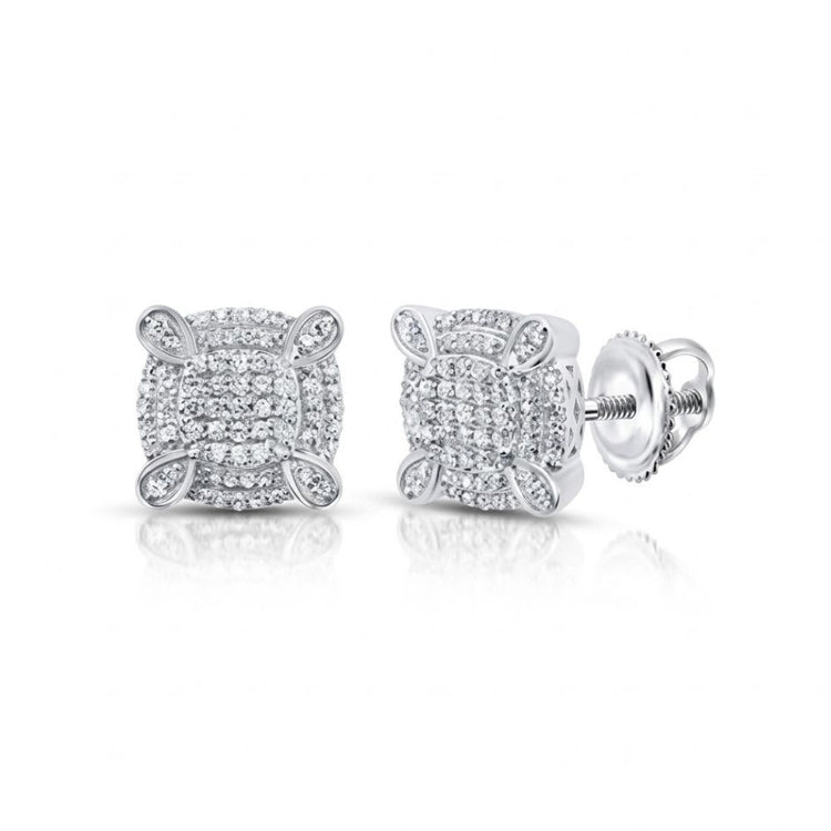The 10k Gold Cushion Men’s Diamond Earring 5/8 CTTW features square-shaped studs with multiple small diamonds in prong settings, crafted in 10k gold and shown with screw-back posts against a white background.