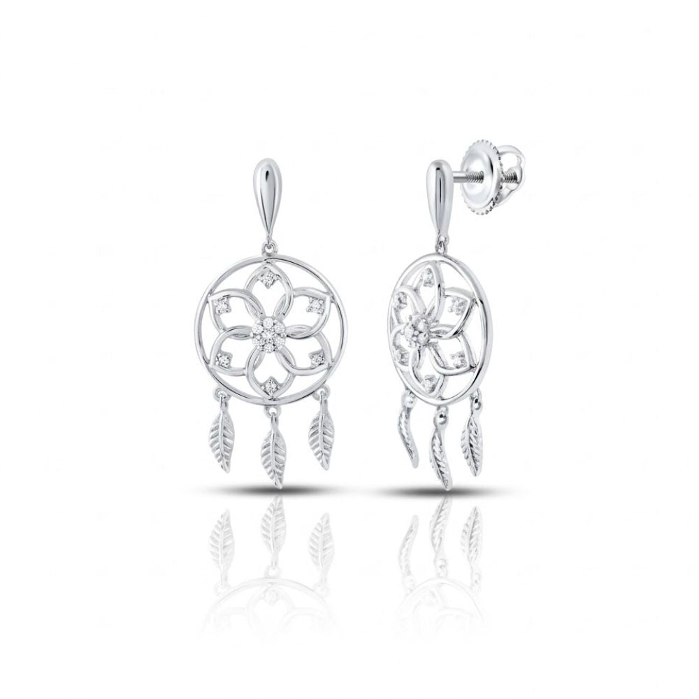 10k Gold Diamond Dream Catcher Earrings with 1/10 CTTW, featuring a floral design and dangling feather-shaped charms, reminiscent of elegant diamond dreamcatcher styles, displayed on a white background.