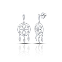 10k Gold Diamond Dream Catcher Earrings with 1/10 CTTW, featuring a floral design and dangling feather-shaped charms, reminiscent of elegant diamond dreamcatcher styles, displayed on a white background.